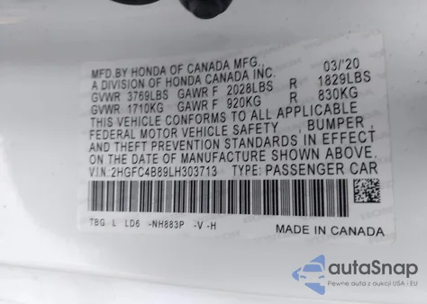 2020 Honda Civic Sport z USA, uszkodzony, nr VIN 2HGFC4B89LH303713